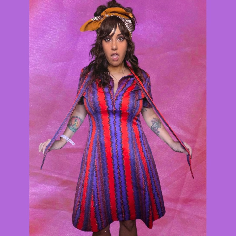 60s 70s Red & Purple Psychedelic Bow Collar Fit and Flare Dress